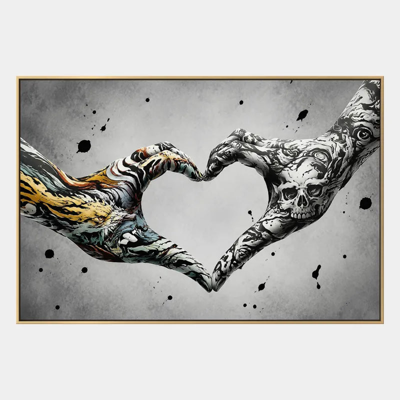 Graffiti-Liebesölgemälde mit einem romantischen Thema, ausgedrückt durch malerische Form und Farbe in einer Schwarz-Weiß-Palette.