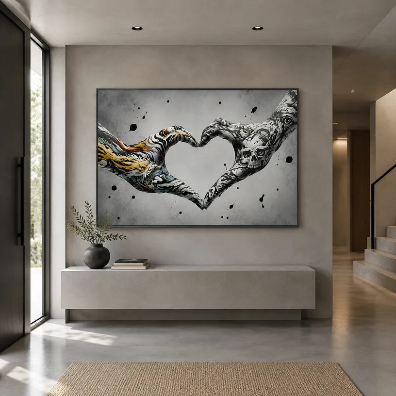 Graffiti-Liebesölgemälde mit einem romantischen Thema, ausgedrückt durch malerische Form und Farbe in einer Schwarz-Weiß-Palette.