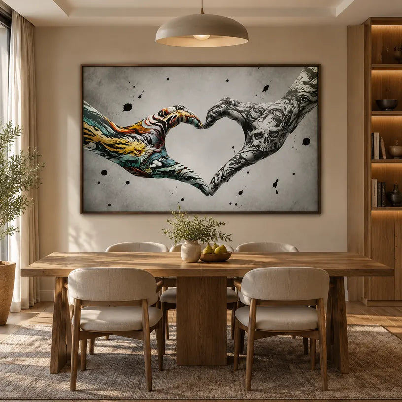 Graffiti-Liebesölgemälde mit einem romantischen Thema, ausgedrückt durch malerische Form und Farbe in einer Schwarz-Weiß-Palette.