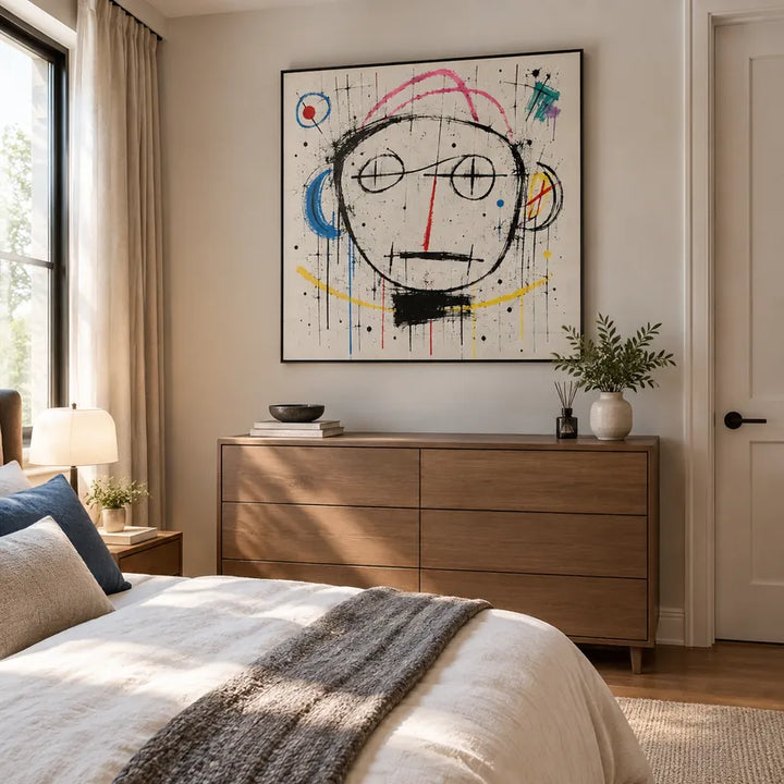 Ritrattistica di graffiti e pittura a olio con figure espressive o ritratti resi con dettagli pittorici in una tavolozza beige.