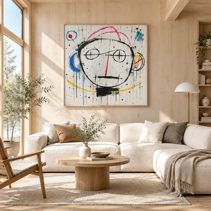 Ritrattistica di graffiti e pittura a olio con figure espressive o ritratti resi con dettagli pittorici in una tavolozza beige.