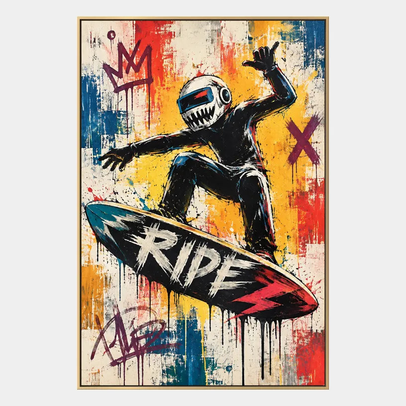Peinture à l'huile de dessin animé graffiti présentant un sujet graphique ludique avec des détails picturaux vivants dans une palette jaune.