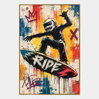 Peinture à l'huile de dessin animé graffiti présentant un sujet graphique ludique avec des détails picturaux vivants dans une palette jaune.