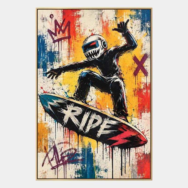Peinture à l'huile de dessin animé graffiti présentant un sujet graphique ludique avec des détails picturaux vivants dans une palette jaune.