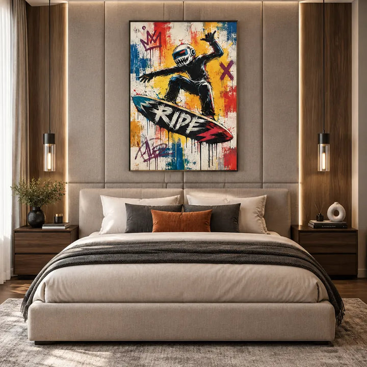 Dipinto a olio a forma di cartone animato con graffiti, caratterizzato da un soggetto grafico giocoso con vivaci dettagli pittorici in una tavolozza gialla.