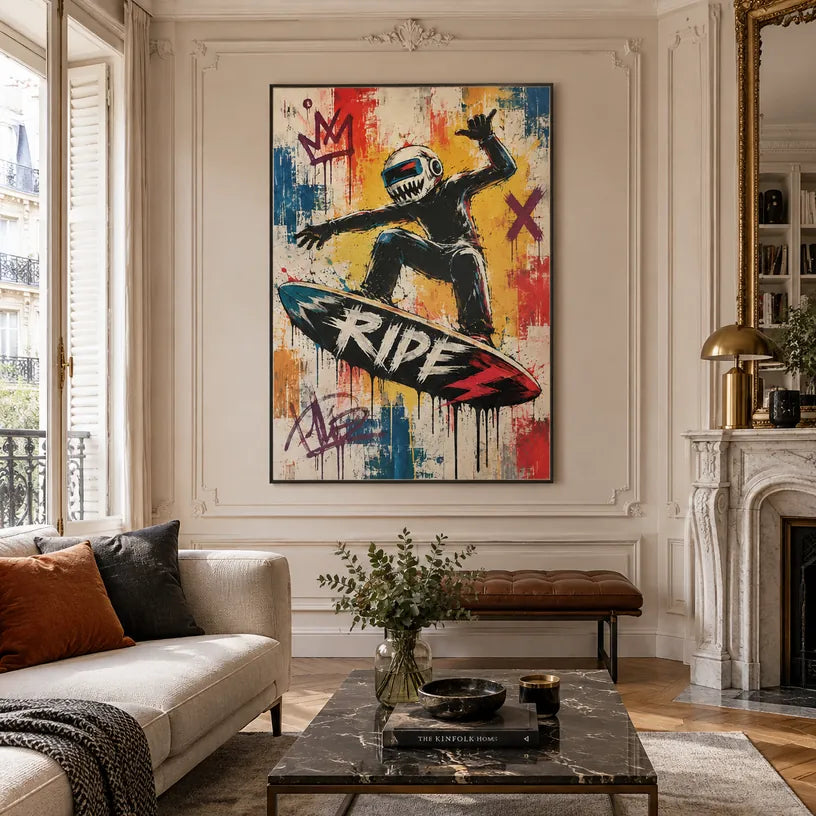 Peinture à l'huile de dessin animé graffiti présentant un sujet graphique ludique avec des détails picturaux vivants dans une palette jaune.