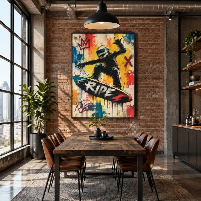 Peinture à l'huile de dessin animé graffiti présentant un sujet graphique ludique avec des détails picturaux vivants dans une palette jaune.