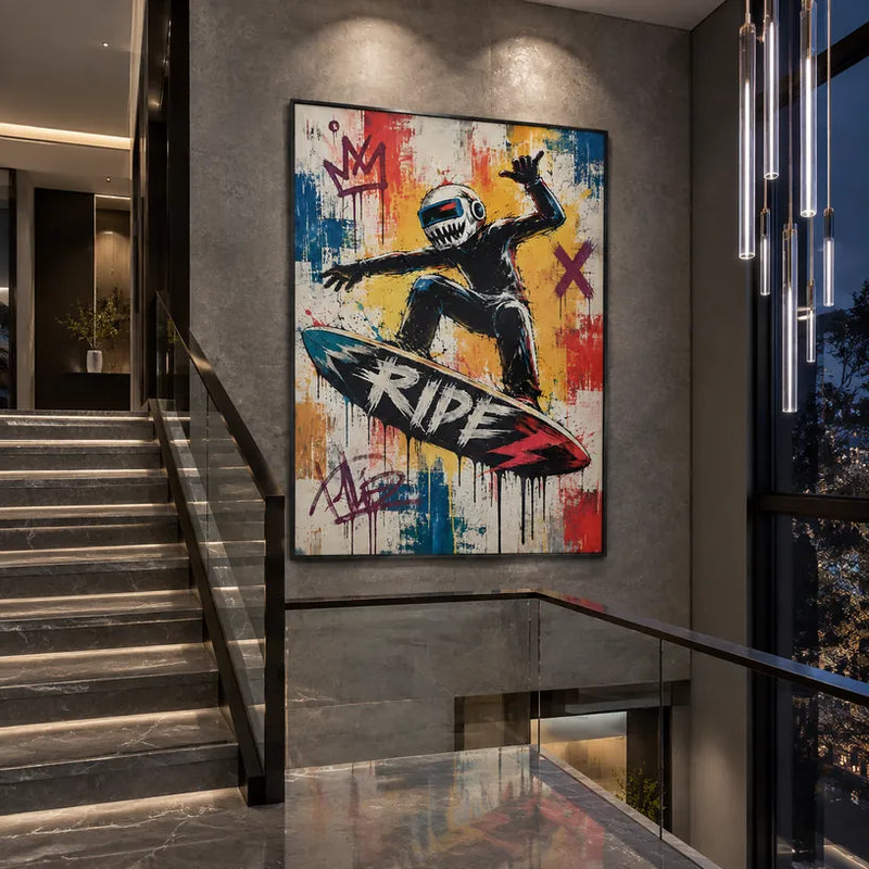 Peinture à l'huile de dessin animé graffiti présentant un sujet graphique ludique avec des détails picturaux vivants dans une palette jaune.