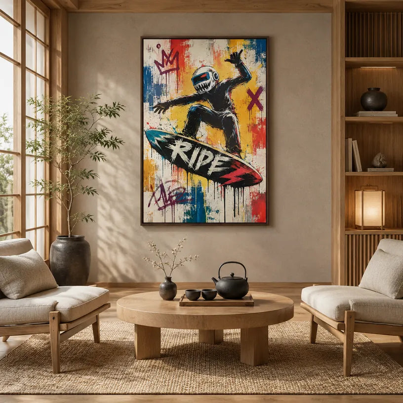 Peinture à l'huile de dessin animé graffiti présentant un sujet graphique ludique avec des détails picturaux vivants dans une palette jaune.