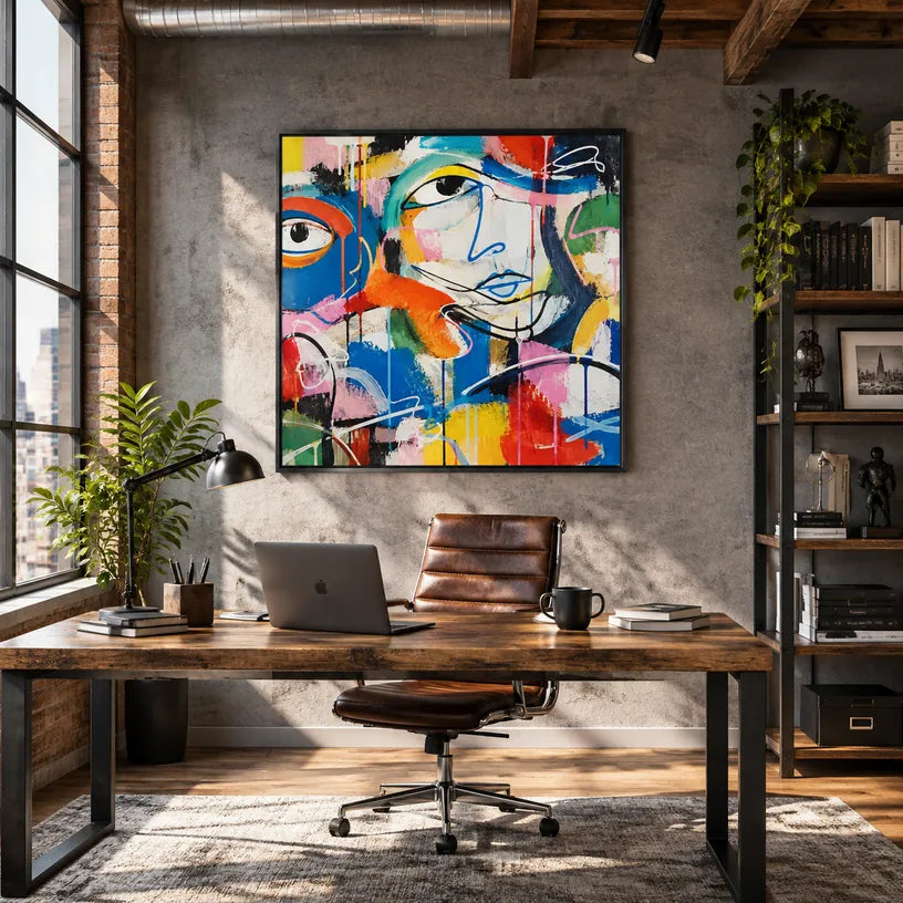 Retrato de graffiti y pintura al óleo de figuras que presentan una figura o retrato expresivo representado con detalles pictóricos.