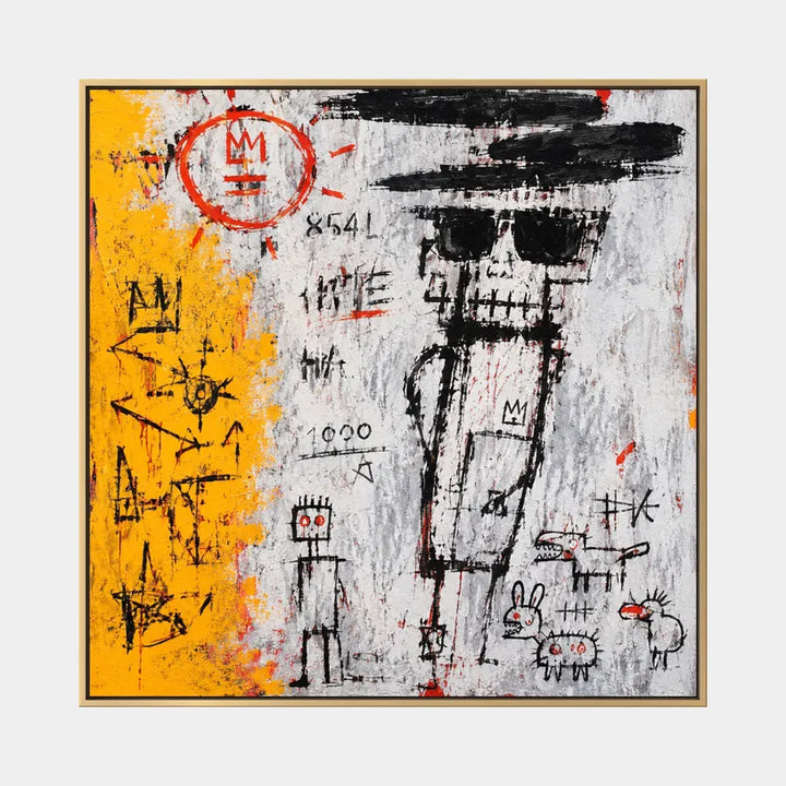 Dipinto a olio a forma di cartone animato con graffiti, caratterizzato da un soggetto grafico giocoso con vivaci dettagli pittorici in una tavolozza di grigi.