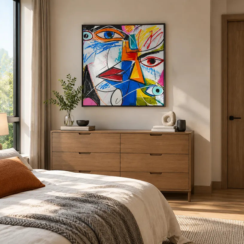 Ritrattistica di graffiti e pittura a olio con figure espressive o ritratti resi con dettagli pittorici.