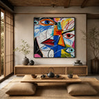 Ritrattistica di graffiti e pittura a olio con figure espressive o ritratti resi con dettagli pittorici.