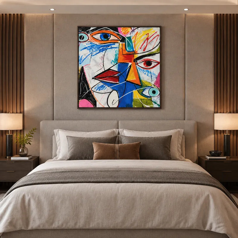 Ritrattistica di graffiti e pittura a olio con figure espressive o ritratti resi con dettagli pittorici.