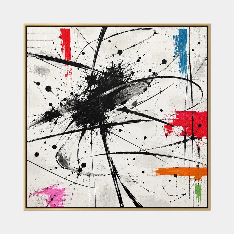 Pittura a olio astratta e concettuale di graffiti con segni astratti stratificati, consistenza e movimento pittorico espressivo in una tavolozza in bianco e nero.