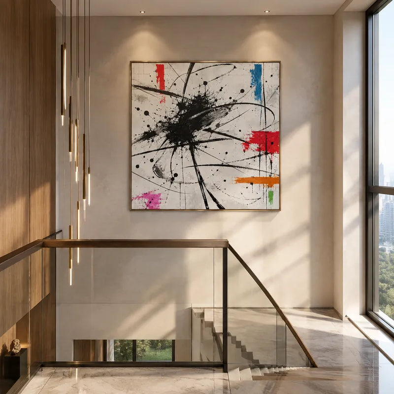 Pittura a olio astratta e concettuale di graffiti con segni astratti stratificati, consistenza e movimento pittorico espressivo in una tavolozza in bianco e nero.