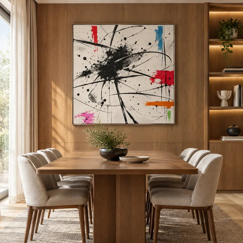 Pittura a olio astratta e concettuale di graffiti con segni astratti stratificati, consistenza e movimento pittorico espressivo in una tavolozza in bianco e nero.