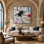 Pittura a olio astratta e concettuale di graffiti con segni astratti stratificati, consistenza e movimento pittorico espressivo in una tavolozza in bianco e nero.