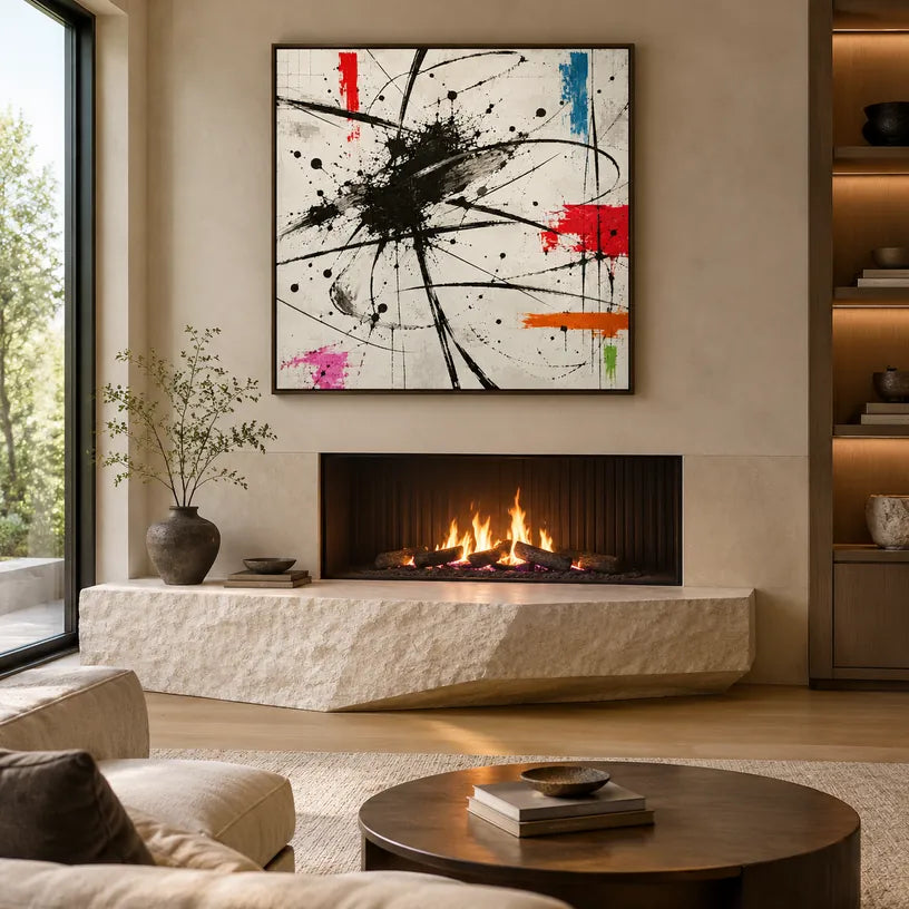 Pittura a olio astratta e concettuale di graffiti con segni astratti stratificati, consistenza e movimento pittorico espressivo in una tavolozza in bianco e nero.