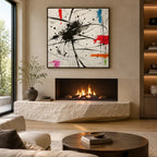 Pittura a olio astratta e concettuale di graffiti con segni astratti stratificati, consistenza e movimento pittorico espressivo in una tavolozza in bianco e nero.
