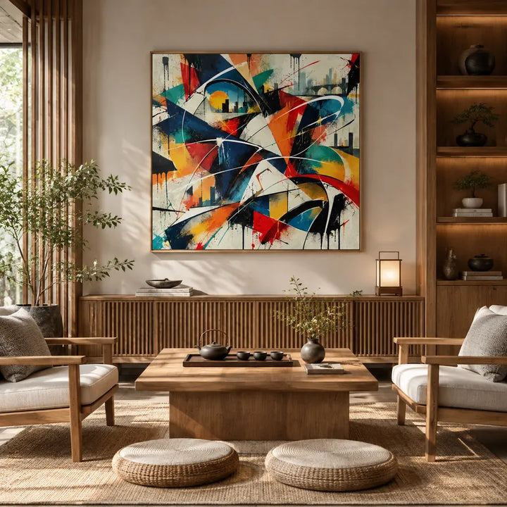Pittura a olio astratta e concettuale di graffiti con segni astratti stratificati, consistenza e movimento pittorico espressivo.