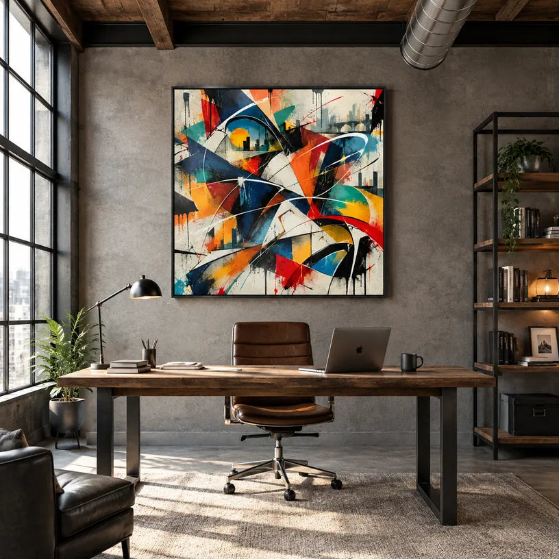 Pittura a olio astratta e concettuale di graffiti con segni astratti stratificati, consistenza e movimento pittorico espressivo.