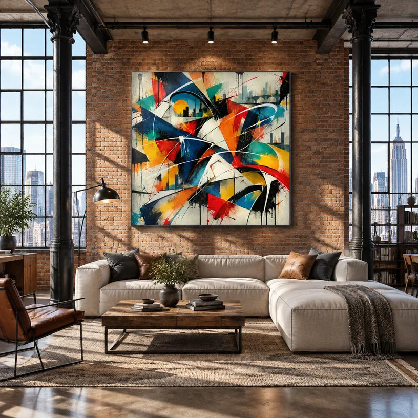 Pittura a olio astratta e concettuale di graffiti con segni astratti stratificati, consistenza e movimento pittorico espressivo.