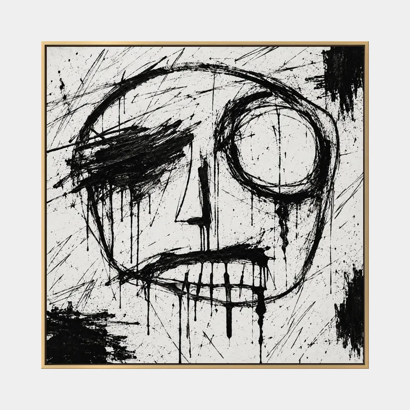 Retrato de graffiti y pintura al óleo de figuras que presentan una figura o retrato expresivo representado con detalles pictóricos en una paleta de blanco y negro.