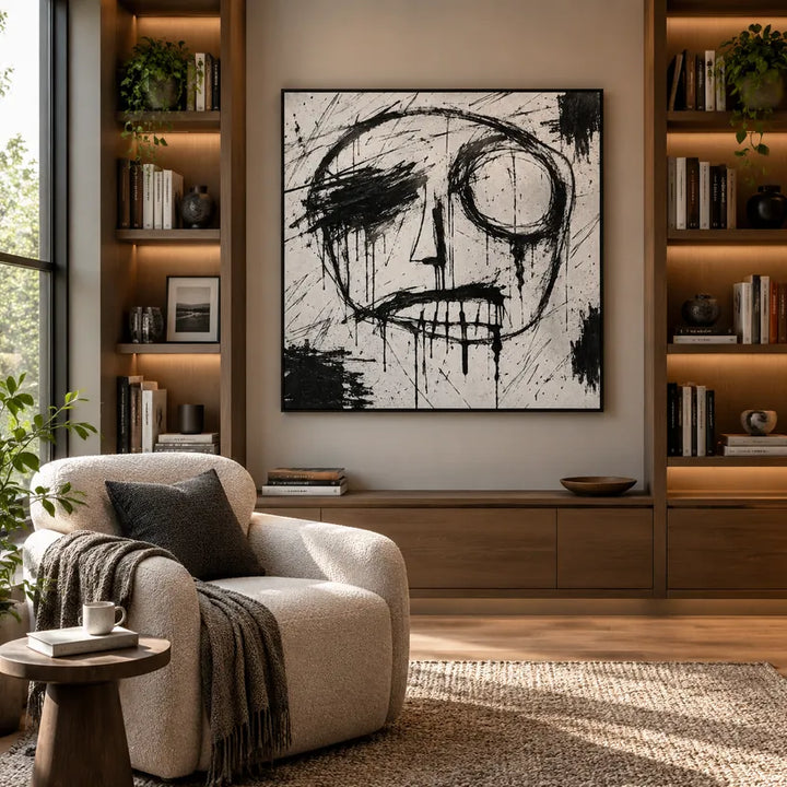 Ritrattistica di graffiti e pittura a olio con figure espressive o ritratti resi con dettagli pittorici in una tavolozza di bianco e nero.