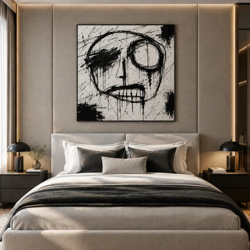 Ritrattistica di graffiti e pittura a olio con figure espressive o ritratti resi con dettagli pittorici in una tavolozza di bianco e nero.