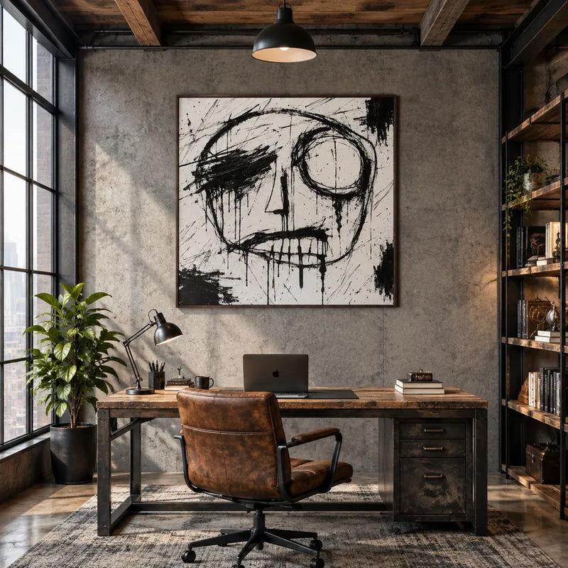 Ritrattistica di graffiti e pittura a olio con figure espressive o ritratti resi con dettagli pittorici in una tavolozza di bianco e nero.