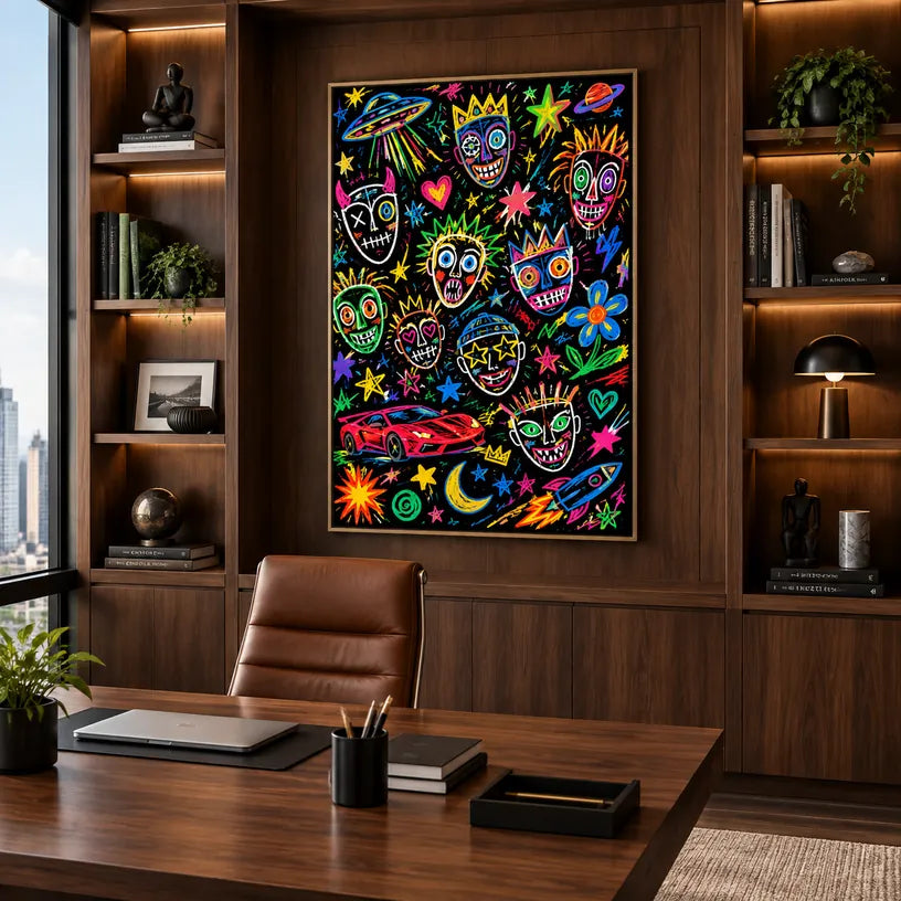 Peinture à l'huile de dessin animé graffiti présentant un sujet graphique ludique avec des détails picturaux vivants.