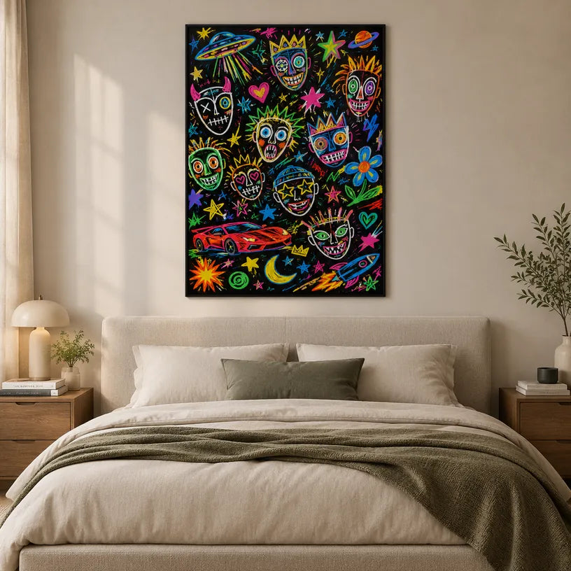 Peinture à l'huile de dessin animé graffiti présentant un sujet graphique ludique avec des détails picturaux vivants.