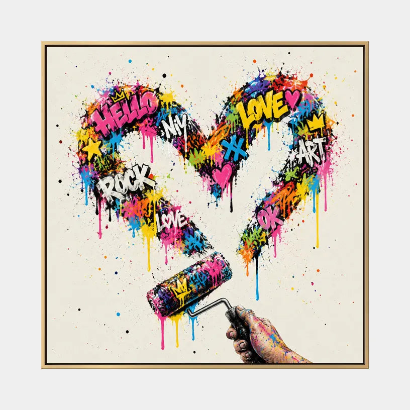 Dipinto ad olio Graffiti Love con un soggetto romantico espresso attraverso forma e colore pittorici.