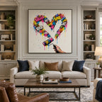 Dipinto ad olio Graffiti Love con un soggetto romantico espresso attraverso forma e colore pittorici.