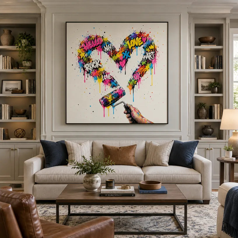 Dipinto ad olio Graffiti Love con un soggetto romantico espresso attraverso forma e colore pittorici.