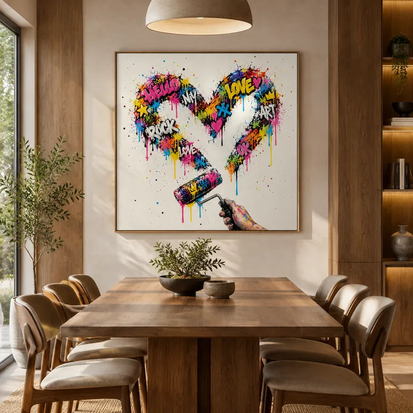 Peinture à l'huile d'amour graffiti présentant un sujet romantique exprimé à travers la forme et la couleur picturales.