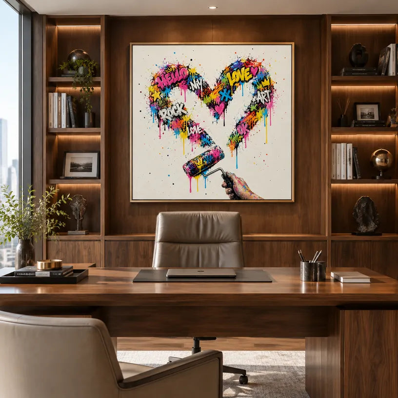 Dipinto ad olio Graffiti Love con un soggetto romantico espresso attraverso forma e colore pittorici.
