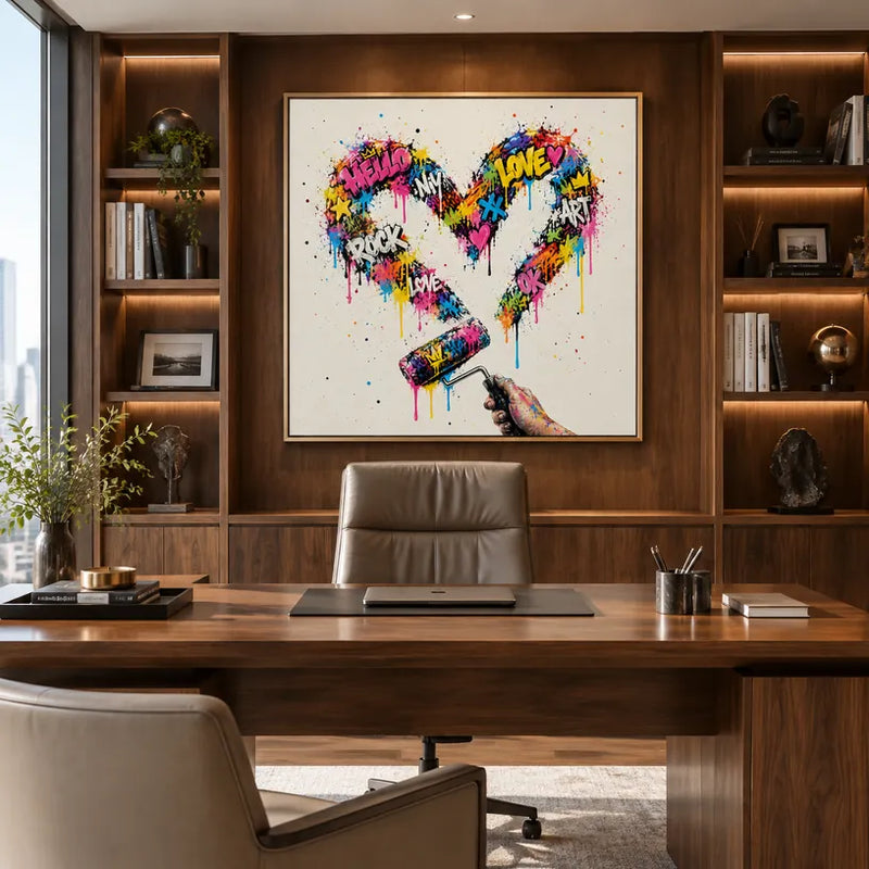 Dipinto ad olio Graffiti Love con un soggetto romantico espresso attraverso forma e colore pittorici.