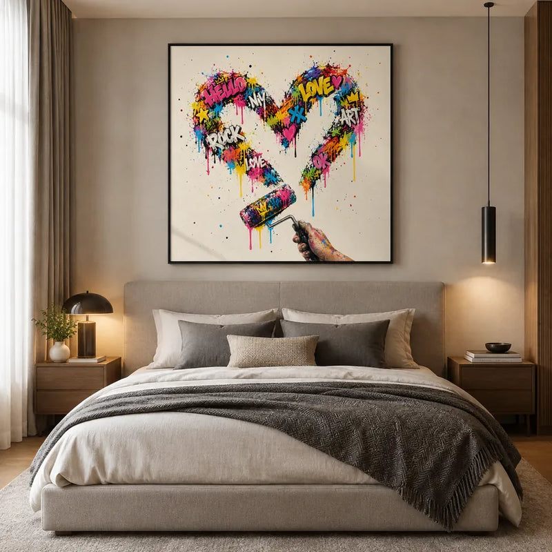 Dipinto ad olio Graffiti Love con un soggetto romantico espresso attraverso forma e colore pittorici.