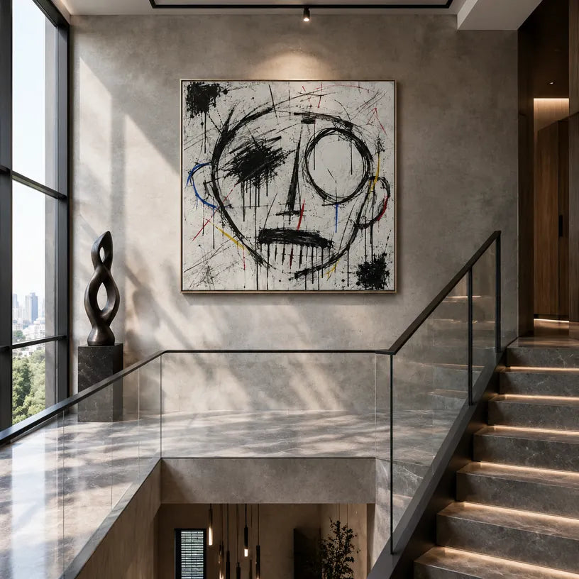 Ritrattistica di graffiti e pittura a olio con figure espressive o ritratti resi con dettagli pittorici in una tavolozza di bianco e nero.