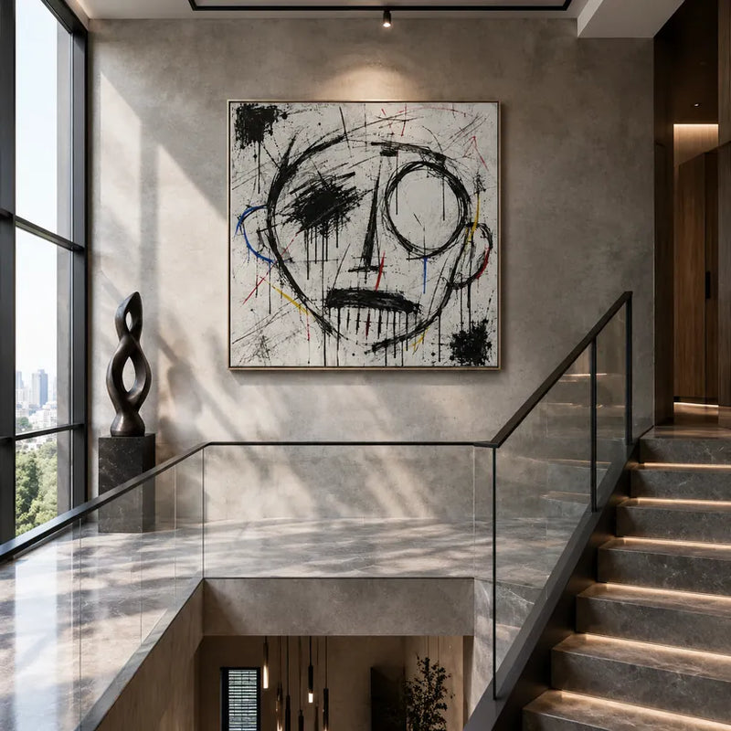 Ritrattistica di graffiti e pittura a olio con figure espressive o ritratti resi con dettagli pittorici in una tavolozza di bianco e nero.