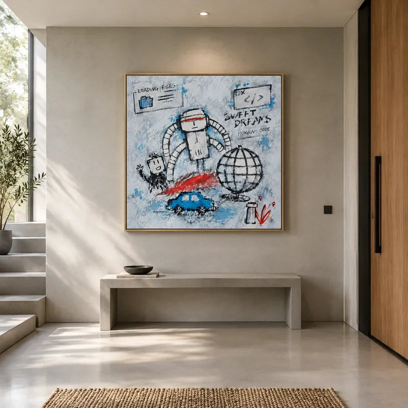 Peinture à l'huile de dessin animé graffiti présentant un sujet graphique ludique avec des détails picturaux vivants dans une palette bleue.