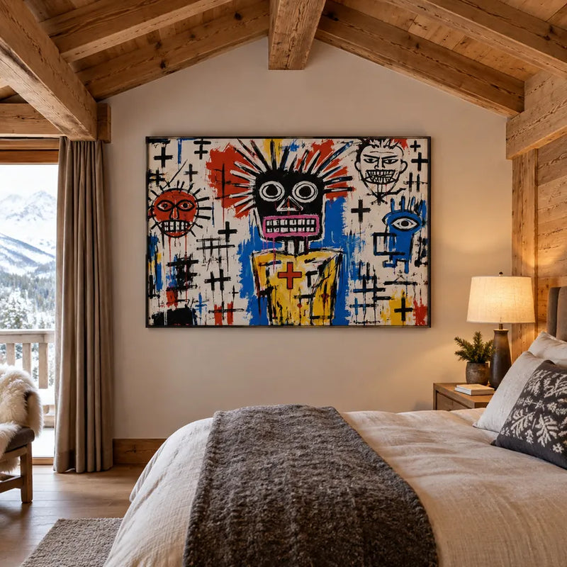Retrato de graffiti y pintura al óleo de figuras que presentan una figura o retrato expresivo con detalles pictóricos en una paleta beige.