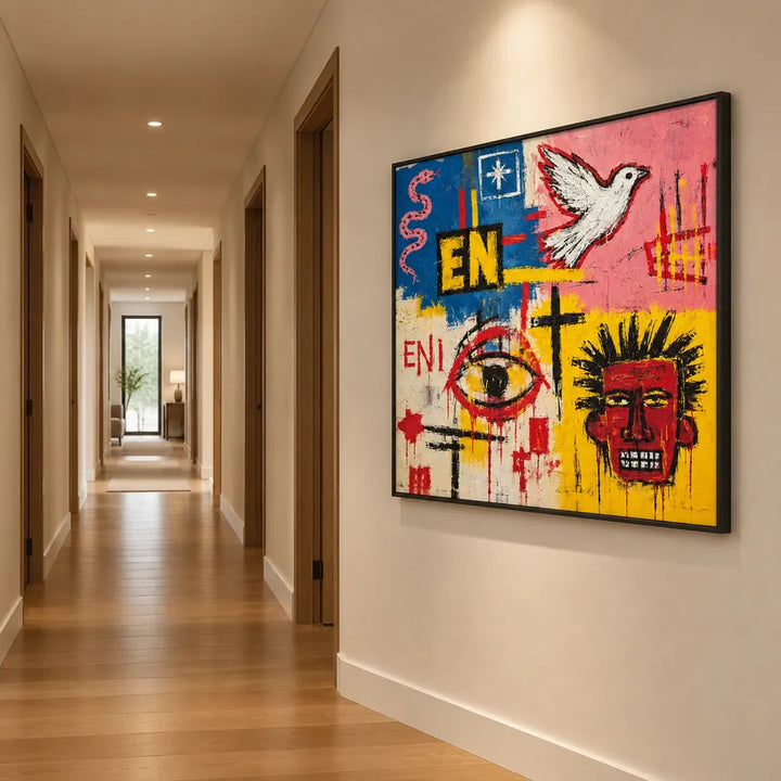 Pittura a olio astratta e concettuale di graffiti con segni astratti stratificati, consistenza e movimento pittorico espressivo.