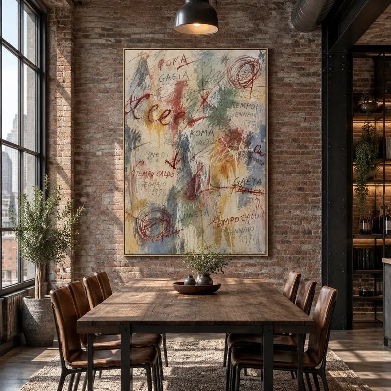 Pittura a olio astratta e concettuale di graffiti con segni astratti stratificati, consistenza e movimento pittorico espressivo in una tavolozza beige.
