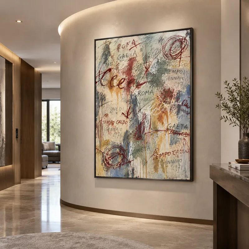 Pittura a olio astratta e concettuale di graffiti con segni astratti stratificati, consistenza e movimento pittorico espressivo in una tavolozza beige.