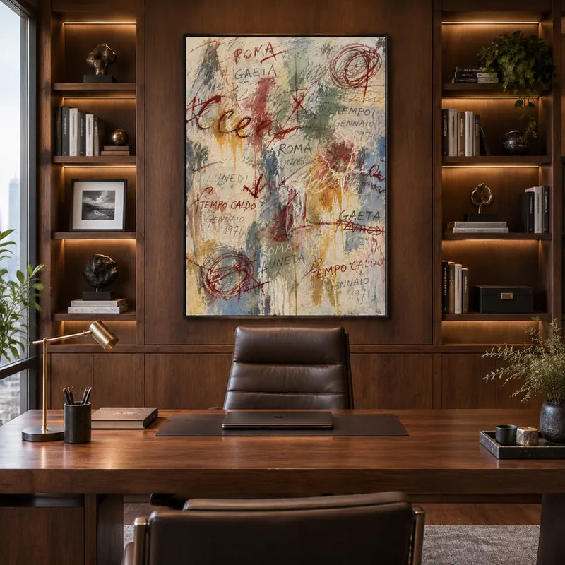 Pittura a olio astratta e concettuale di graffiti con segni astratti stratificati, consistenza e movimento pittorico espressivo in una tavolozza beige.