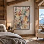 Pittura a olio astratta e concettuale di graffiti con segni astratti stratificati, consistenza e movimento pittorico espressivo in una tavolozza beige.