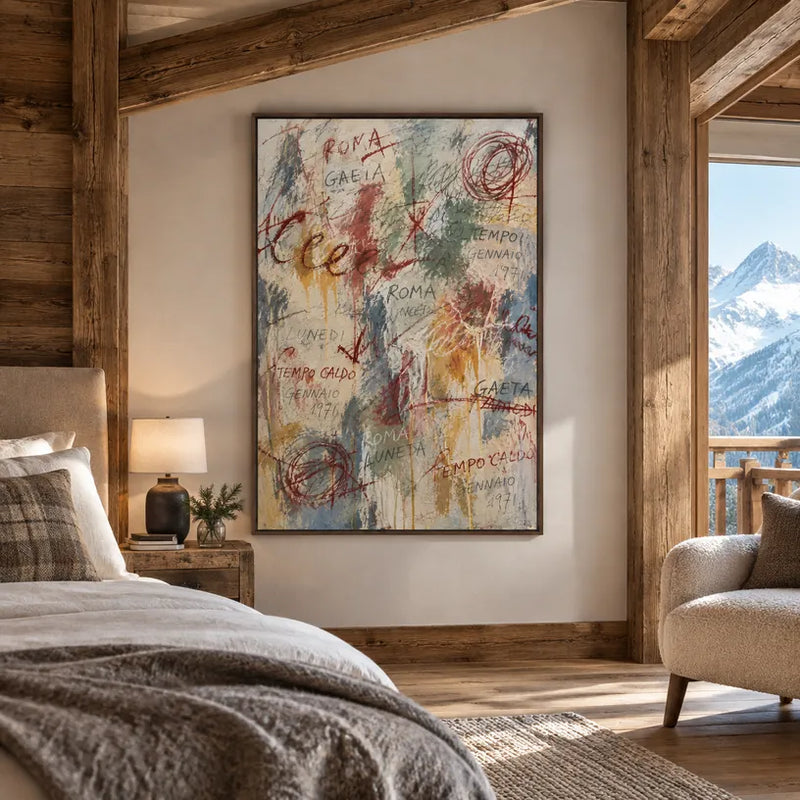 Pittura a olio astratta e concettuale di graffiti con segni astratti stratificati, consistenza e movimento pittorico espressivo in una tavolozza beige.